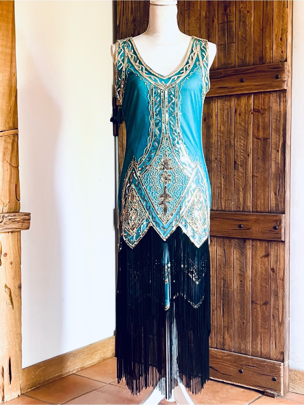Teal Beaded Fringe Midi Dress - Art Deco Inspired